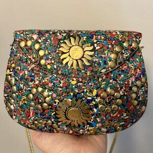Ramla Beaded Clutch Multicolor Sun Mosaic Design Chain Strap Handmade NEW Prom